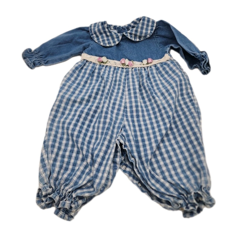 VTG Miniwear Girl Denim Romper Collar Sz 6-9 Months Gingham Satin Rosettes Y2K